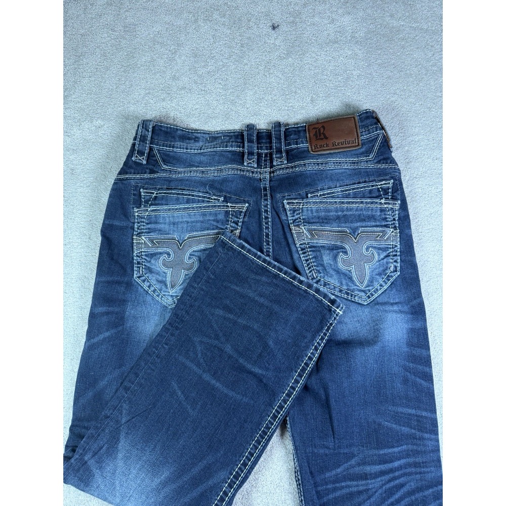 Rock Revival Elad Bootcut Jeans Men's 33** Blue Embroidered Distressed Y2K Denim
